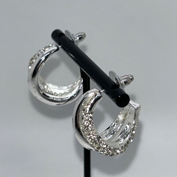 Gloria Vanderbilt Post Hoop Earrings Silver-Tone Rhinestone Classic Style - Picture 5 of 8